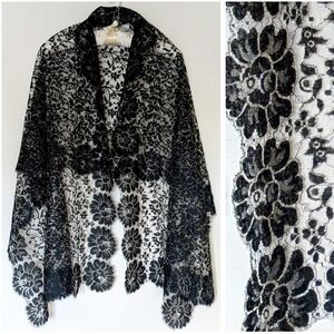 2 Vintage Black Lace Scarves Silver Metallic Goth Witchy Table Scarf Shawl Veil